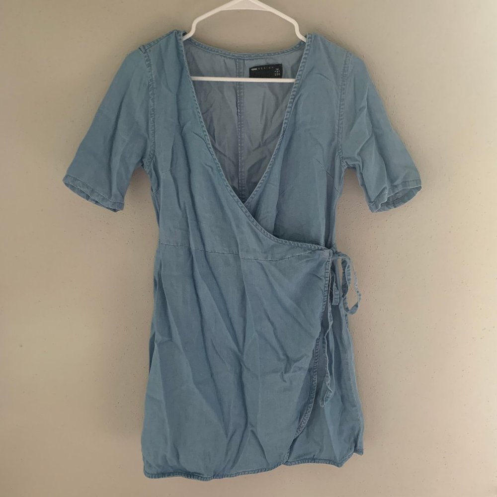 Wrap Around Side Tie Soft Denim Jean Mini Dress
